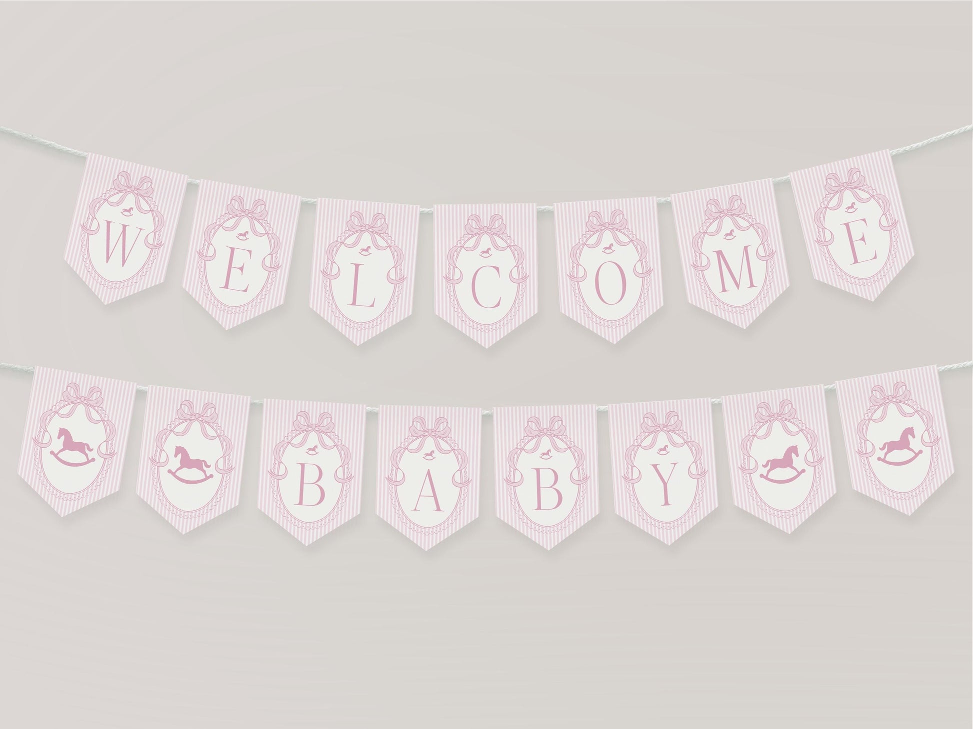 Pink Coquette Bow Rocking Horse Baby Shower Banner Template, Striped Preppy Baby Sprinkle, Heirloom Inspired Brunch with Mom to Be WP1094