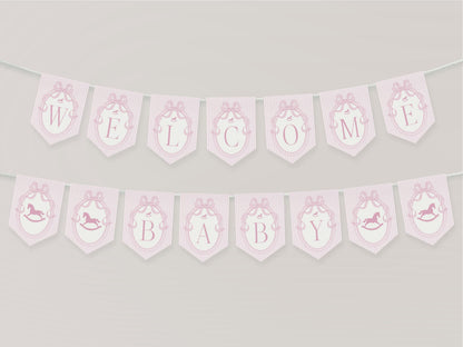 Pink Coquette Bow Rocking Horse Baby Shower Banner Template, Striped Preppy Baby Sprinkle, Heirloom Inspired Brunch with Mom to Be WP1094