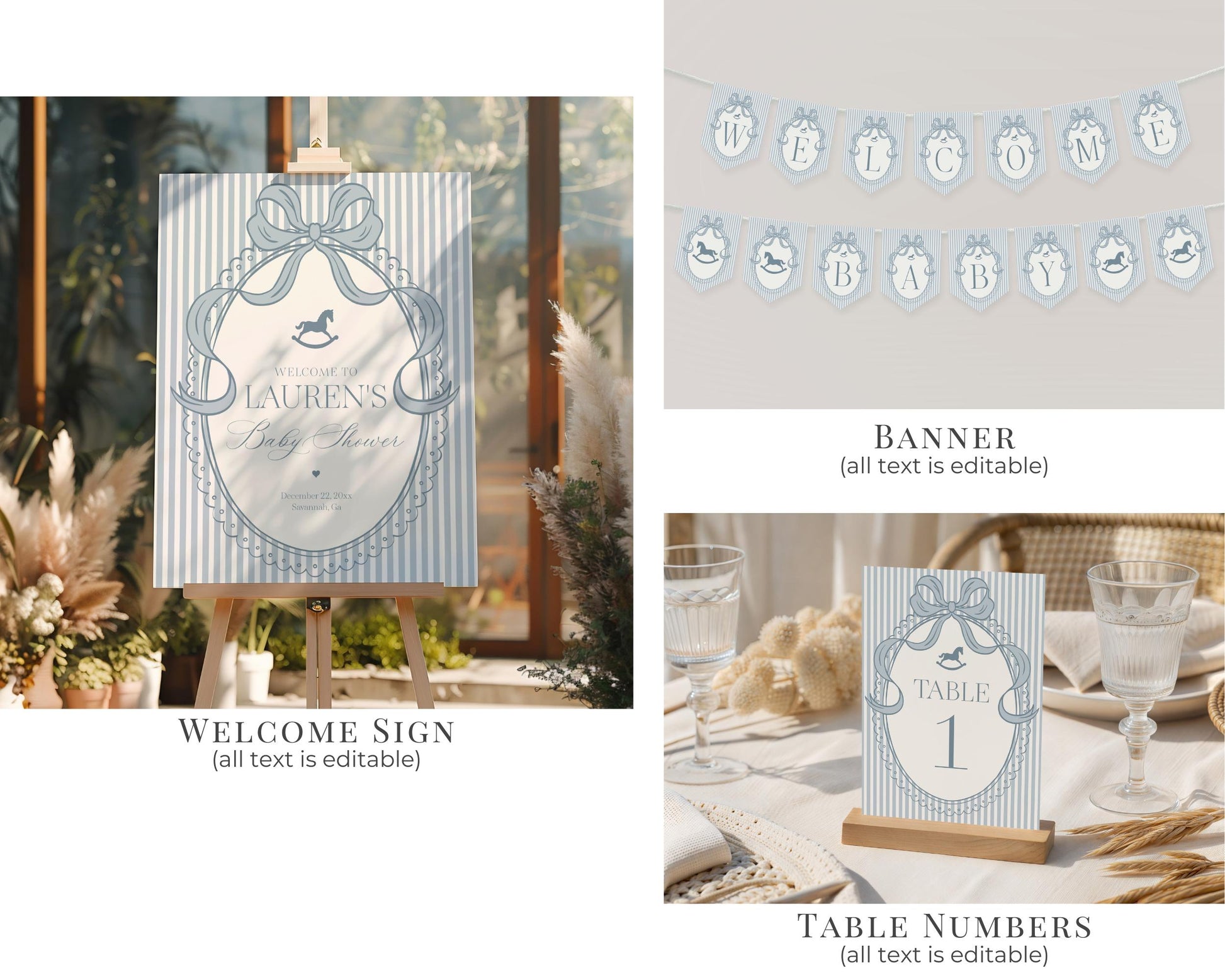 Blue Coquette Bow Rocking Horse Baby Shower Bundle Printable Template, Striped Preppy Baby Sprinkle, Heirloom Brunch with Mom to Be WP1095