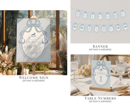 Blue Coquette Bow Rocking Horse Baby Shower Bundle Printable Template, Striped Preppy Baby Sprinkle, Heirloom Brunch with Mom to Be WP1095