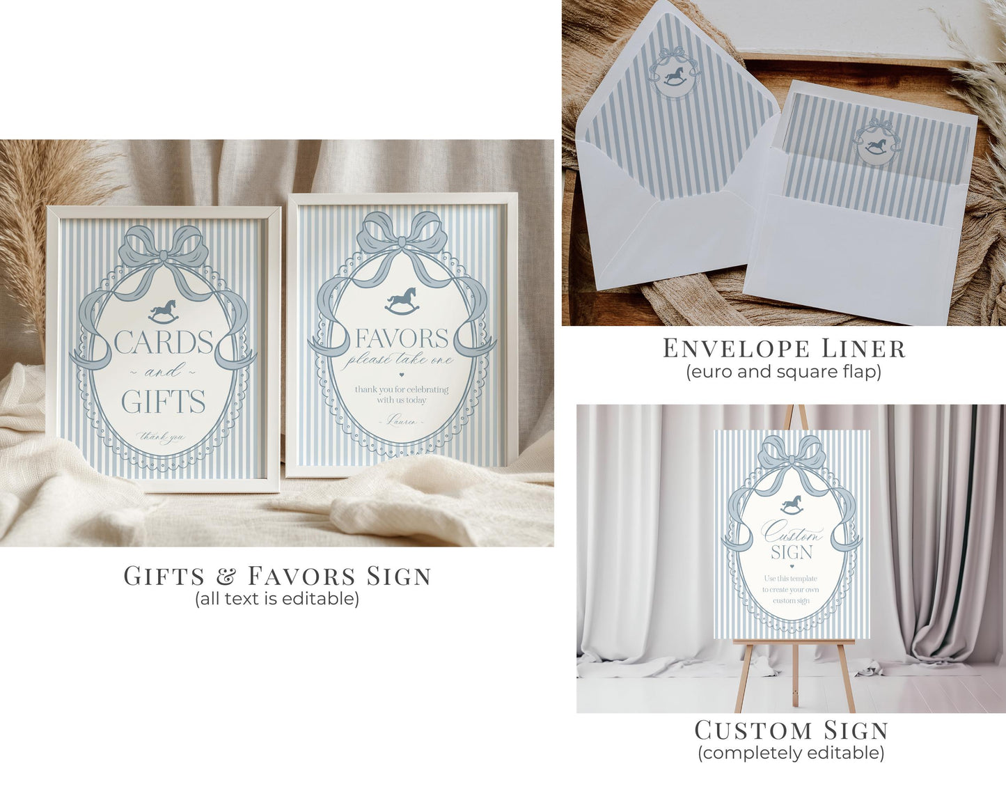 Blue Coquette Bow Rocking Horse Baby Shower Bundle Printable Template, Striped Preppy Baby Sprinkle, Heirloom Brunch with Mom to Be WP1095