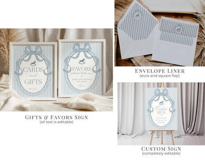 Blue Coquette Bow Rocking Horse Baby Shower Bundle Printable Template, Striped Preppy Baby Sprinkle, Heirloom Brunch with Mom to Be WP1095