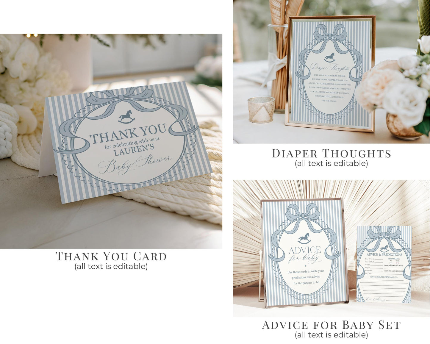 Blue Coquette Bow Rocking Horse Baby Shower Bundle Printable Template, Striped Preppy Baby Sprinkle, Heirloom Brunch with Mom to Be WP1095