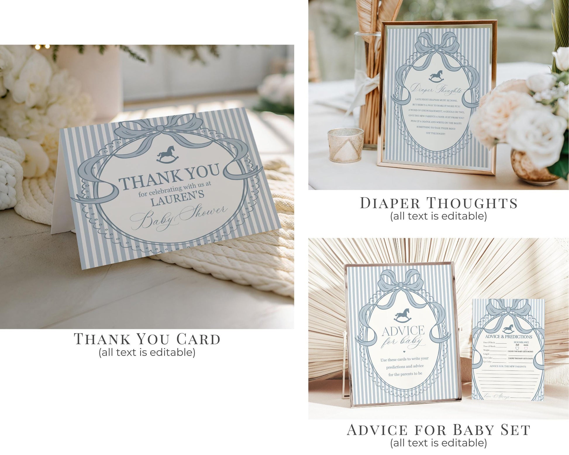 Blue Coquette Bow Rocking Horse Baby Shower Bundle Printable Template, Striped Preppy Baby Sprinkle, Heirloom Brunch with Mom to Be WP1095