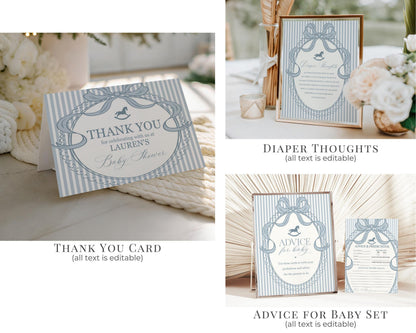 Blue Coquette Bow Rocking Horse Baby Shower Bundle Printable Template, Striped Preppy Baby Sprinkle, Heirloom Brunch with Mom to Be WP1095
