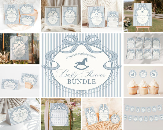 Blue Coquette Bow Rocking Horse Baby Shower Bundle Printable Template, Striped Preppy Baby Sprinkle, Heirloom Brunch with Mom to Be WP1095