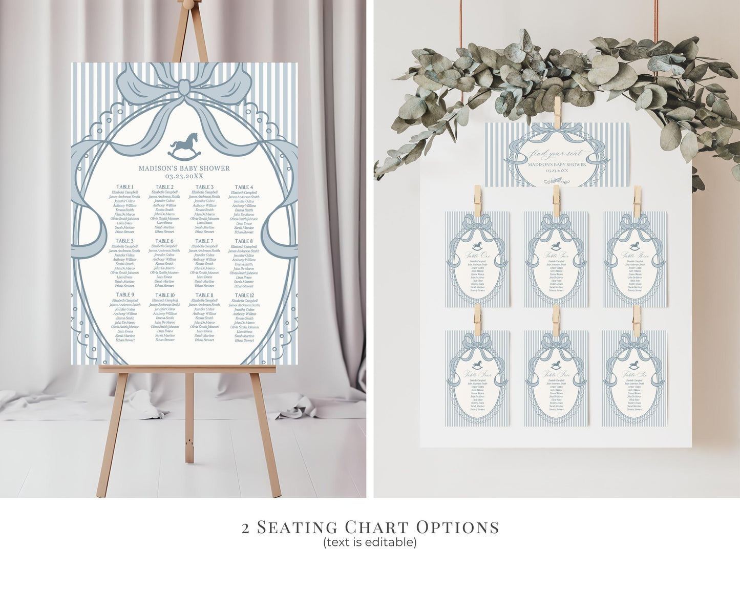 Blue Coquette Bow Rocking Horse Baby Shower Bundle Printable Template, Striped Preppy Baby Sprinkle, Heirloom Brunch with Mom to Be WP1095