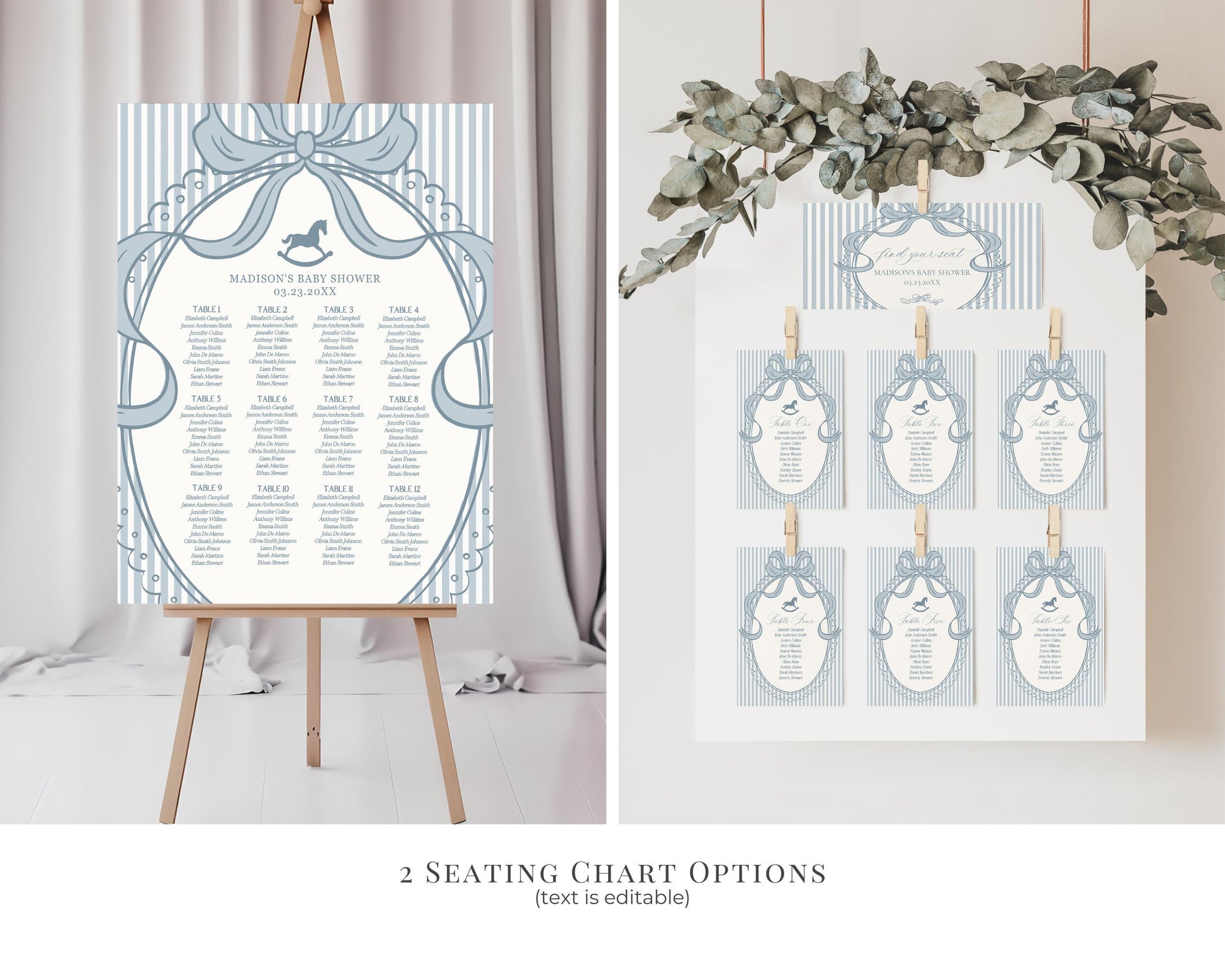 Blue Coquette Bow Rocking Horse Baby Shower Bundle Printable Template, Striped Preppy Baby Sprinkle, Heirloom Brunch with Mom to Be WP1095