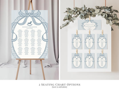 Blue Coquette Bow Rocking Horse Baby Shower Bundle Printable Template, Striped Preppy Baby Sprinkle, Heirloom Brunch with Mom to Be WP1095