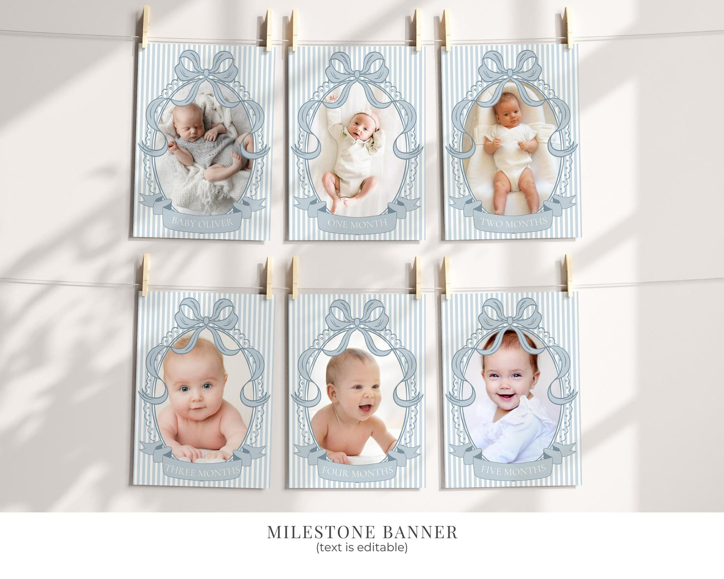 Blue Coquette Bow Rocking Horse 1st Birthday Bundle Printable Template, Preppy Striped First Birthday Party WP1095