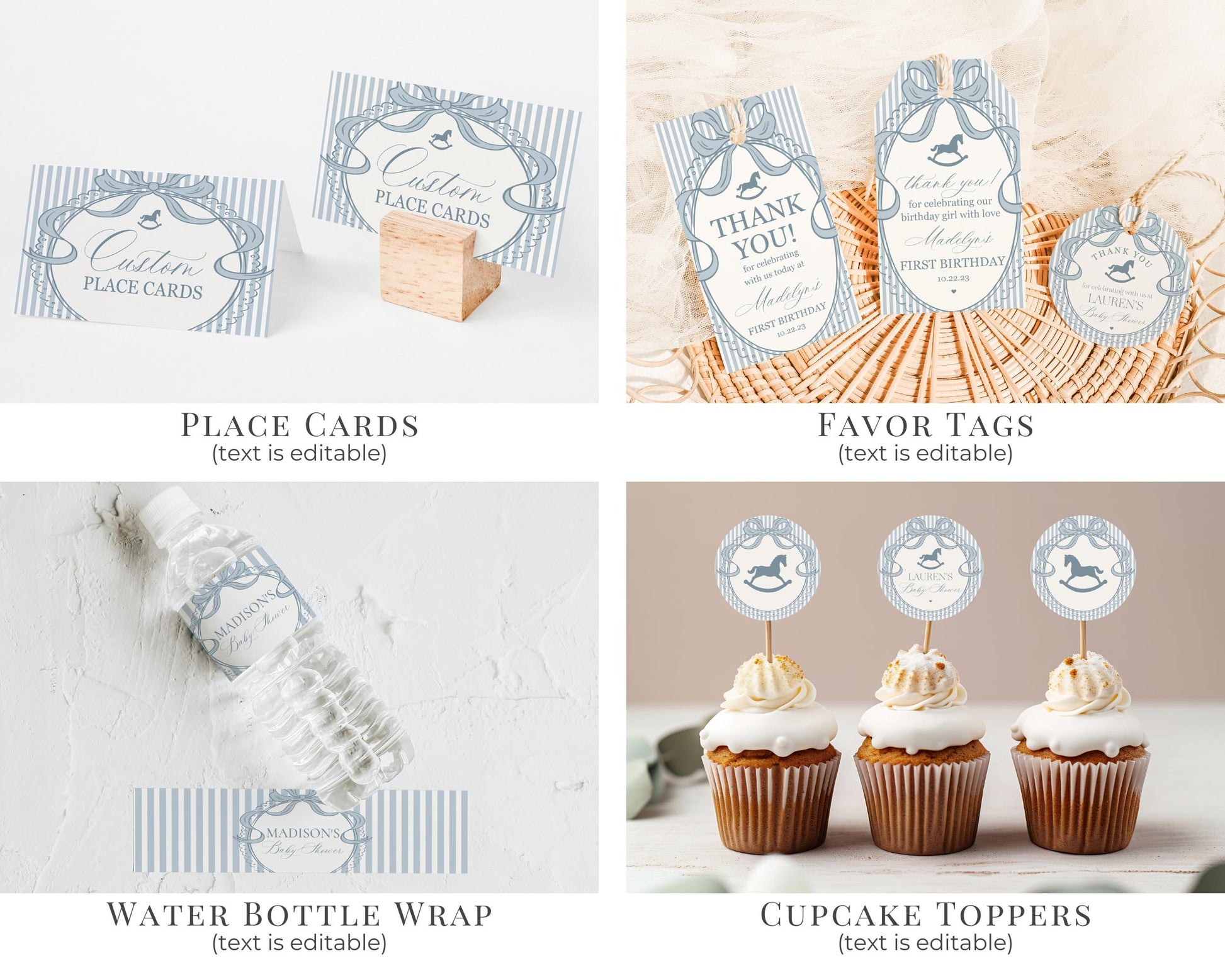 Blue Coquette Bow Rocking Horse 1st Birthday Bundle Printable Template, Preppy Striped First Birthday Party WP1095