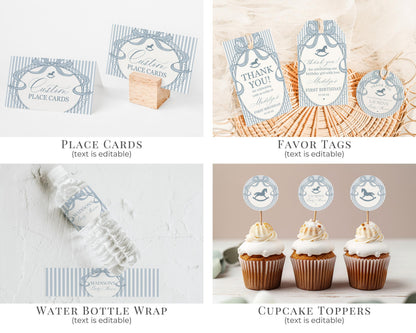 Blue Coquette Bow Rocking Horse 1st Birthday Bundle Printable Template, Preppy Striped First Birthday Party WP1095
