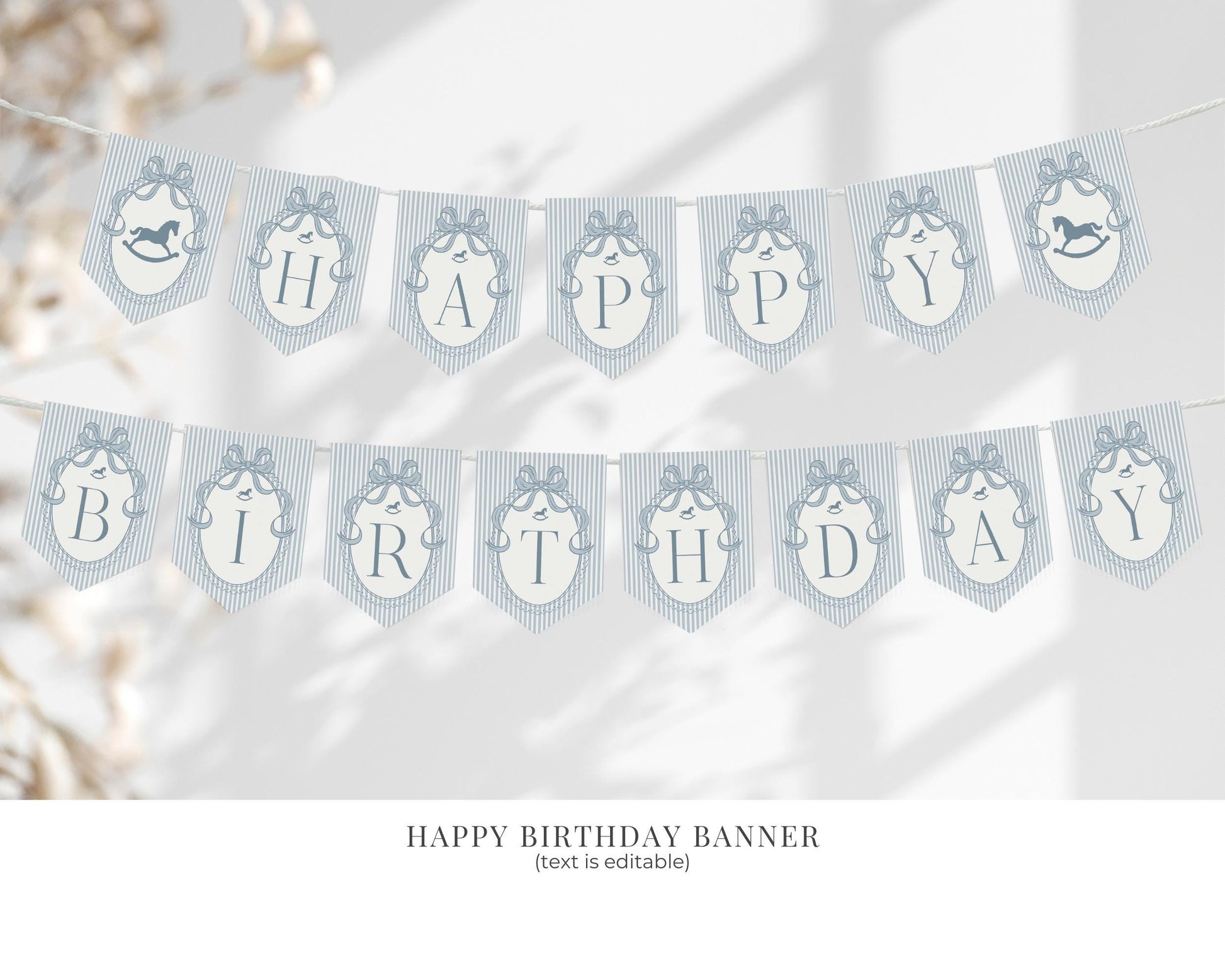 Blue Coquette Bow Rocking Horse 1st Birthday Bundle Printable Template, Preppy Striped First Birthday Party WP1095
