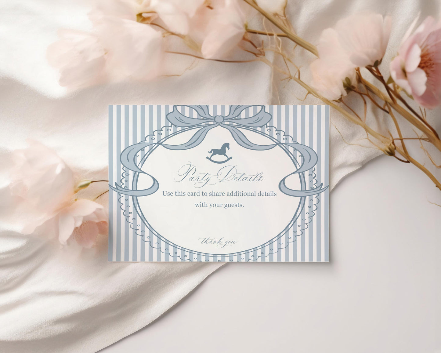 Blue Coquette Bow Rocking Horse 1st Birthday Bundle Printable Template, Preppy Striped First Birthday Party WP1095