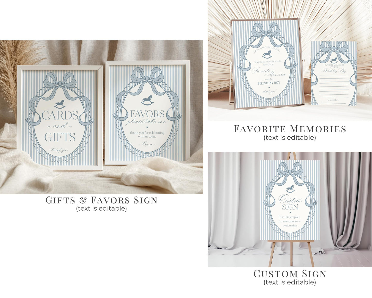 Blue Coquette Bow Rocking Horse Birthday Bundle Printable Template, Preppy Striped Birthday Party, Heirloom Inspired Timeless Bday WP1095