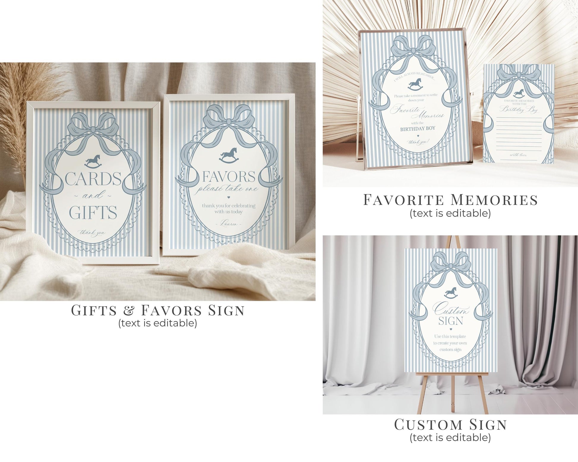 Blue Coquette Bow Rocking Horse Birthday Bundle Printable Template, Preppy Striped Birthday Party, Heirloom Inspired Timeless Bday WP1095