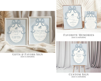 Blue Coquette Bow Rocking Horse Birthday Bundle Printable Template, Preppy Striped Birthday Party, Heirloom Inspired Timeless Bday WP1095
