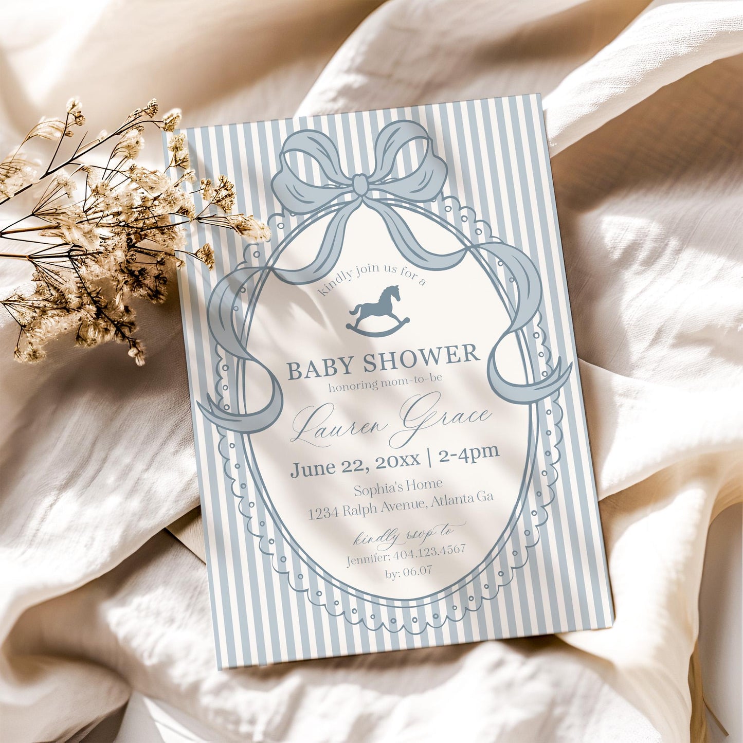 Blue Coquette Bow Rocking Horse Baby Shower Invitation Printable Template, Striped Preppy Baby Sprinkle WP1095