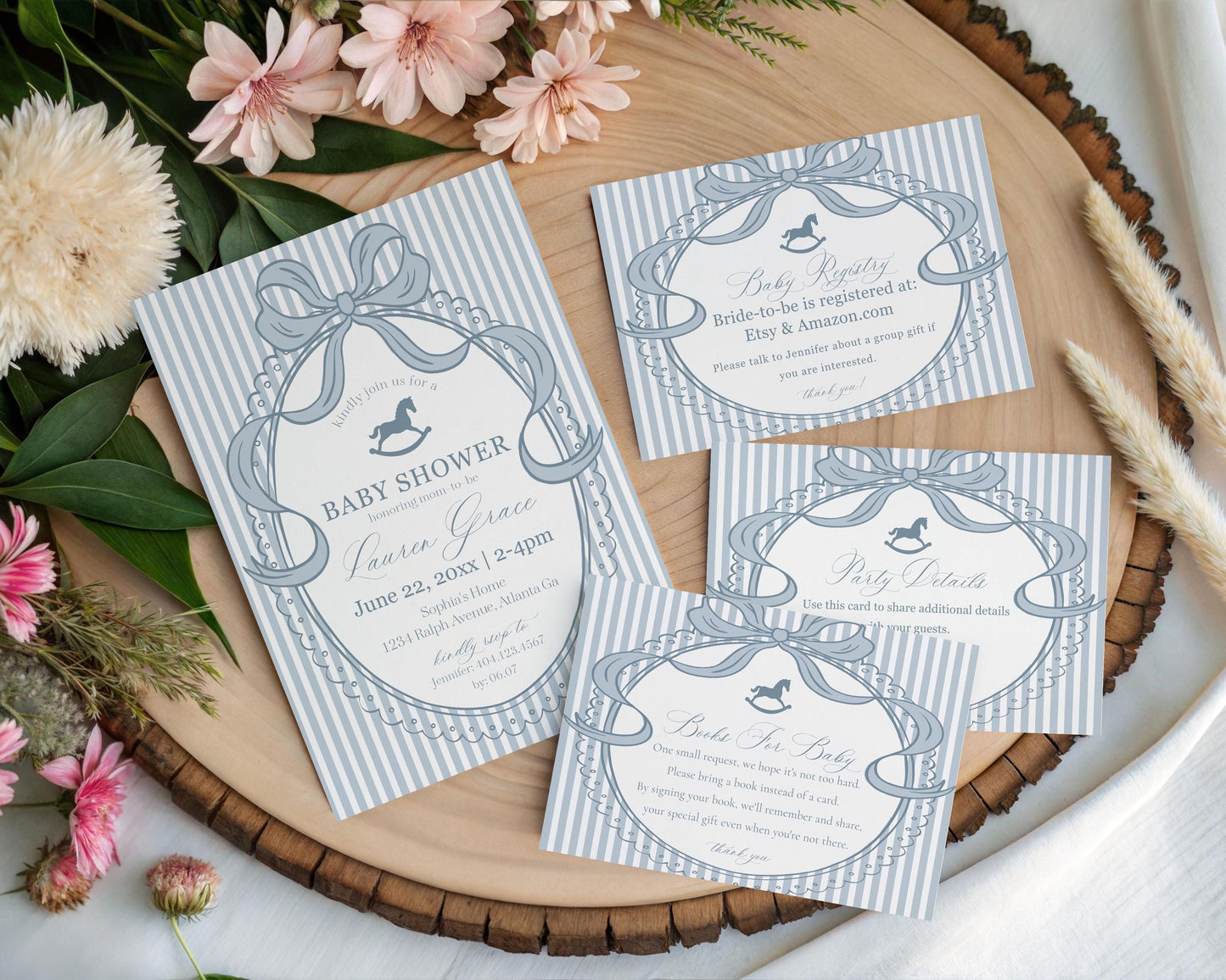 Blue Coquette Bow Rocking Horse Baby Shower Invitation Printable Template, Striped Preppy Baby Sprinkle WP1095