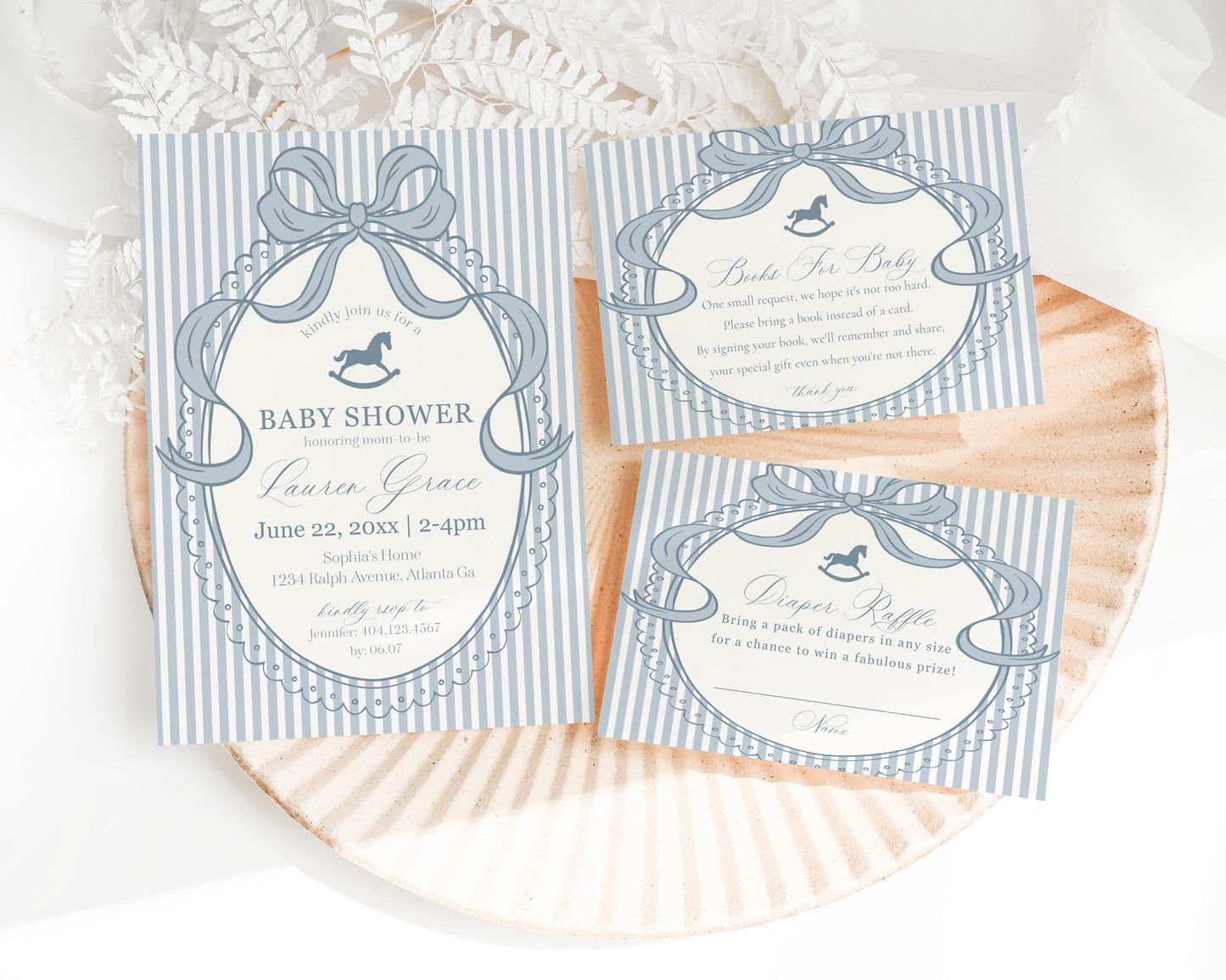 Blue Coquette Bow Rocking Horse Baby Shower Invitation Printable Template, Striped Preppy Baby Sprinkle WP1095