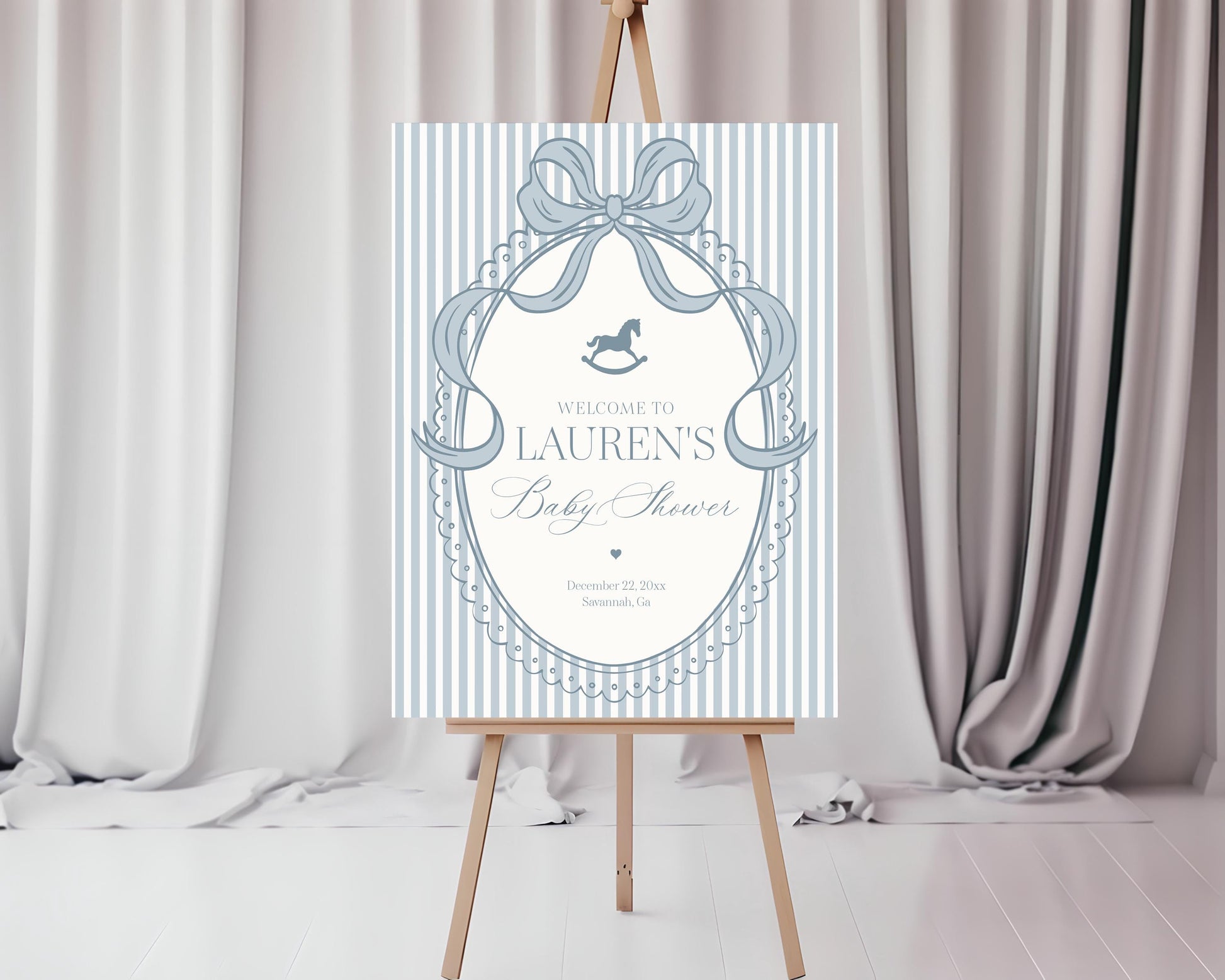 Blue Coquette Bow Rocking Horse Baby Shower Welcome Sign Template, Striped Preppy Baby Sprinkle, Heirloom Inspired Brunch with Mom WP1095