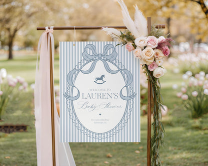 Blue Coquette Bow Rocking Horse Baby Shower Welcome Sign Template, Striped Preppy Baby Sprinkle, Heirloom Inspired Brunch with Mom WP1095