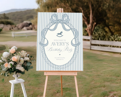 Blue Coquette Bow Rocking Horse Birthday Party Welcome Sign Template, Preppy Bday Party WP1094