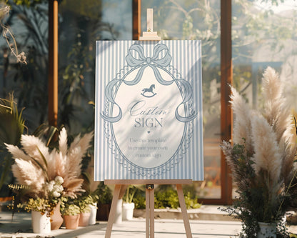 Blue Coquette Bow Rocking Horse Custom Sign Template, Striped Preppy Baby Shower, Classic First Birthday Party WP1095
