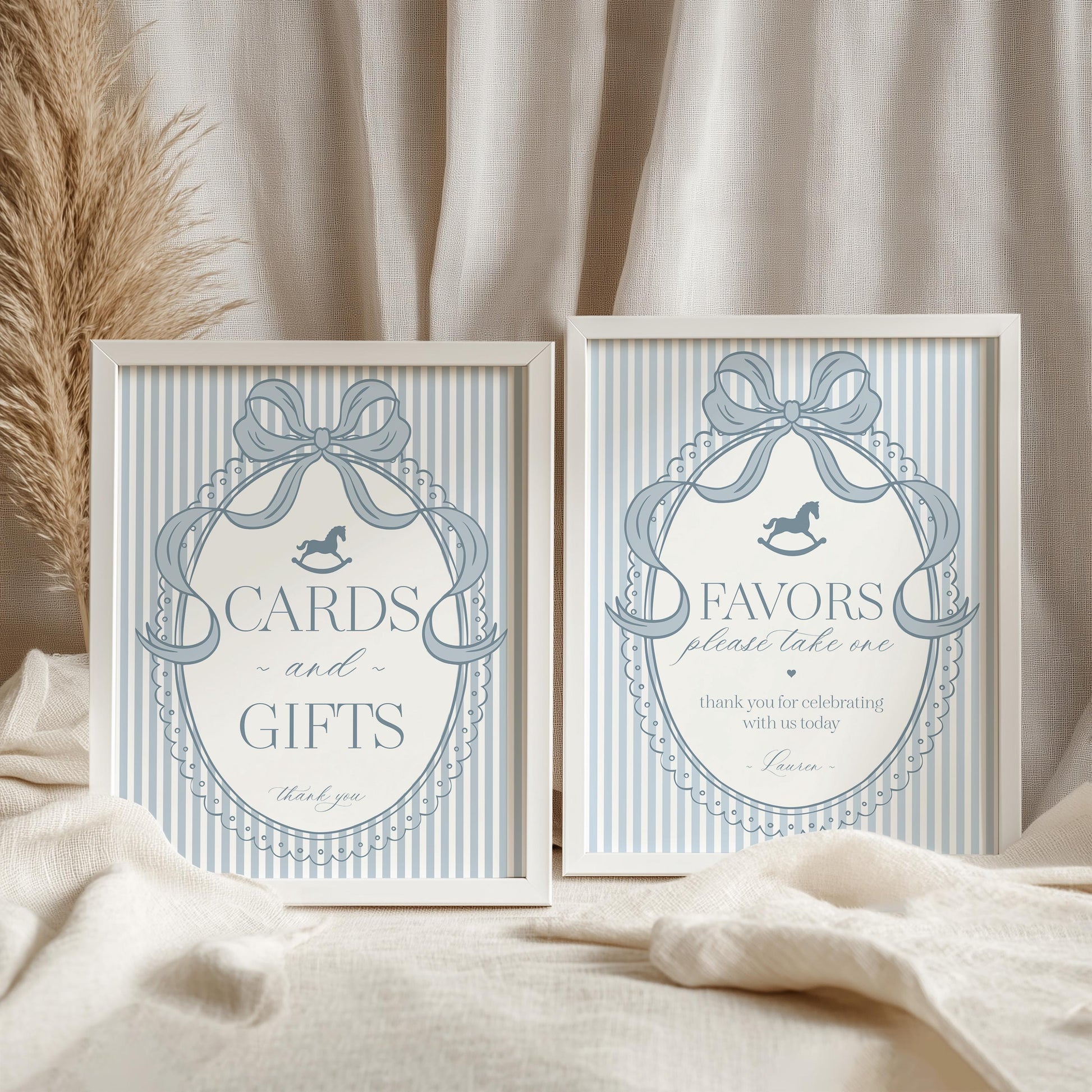 Blue Coquette Bow Rocking Horse Cards & Gifts and Favors Sign Template, Striped Preppy Baby Shower, Classic First Birthday Party WP1095