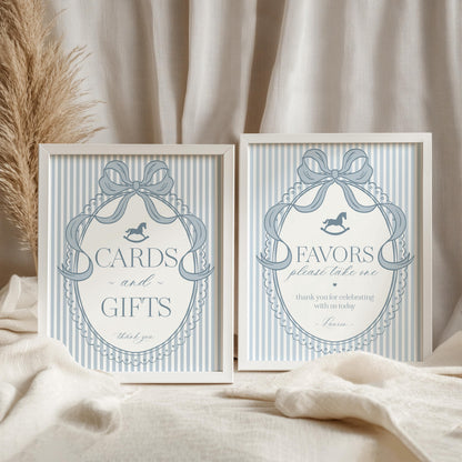 Blue Coquette Bow Rocking Horse Cards & Gifts and Favors Sign Template, Striped Preppy Baby Shower, Classic First Birthday Party WP1095