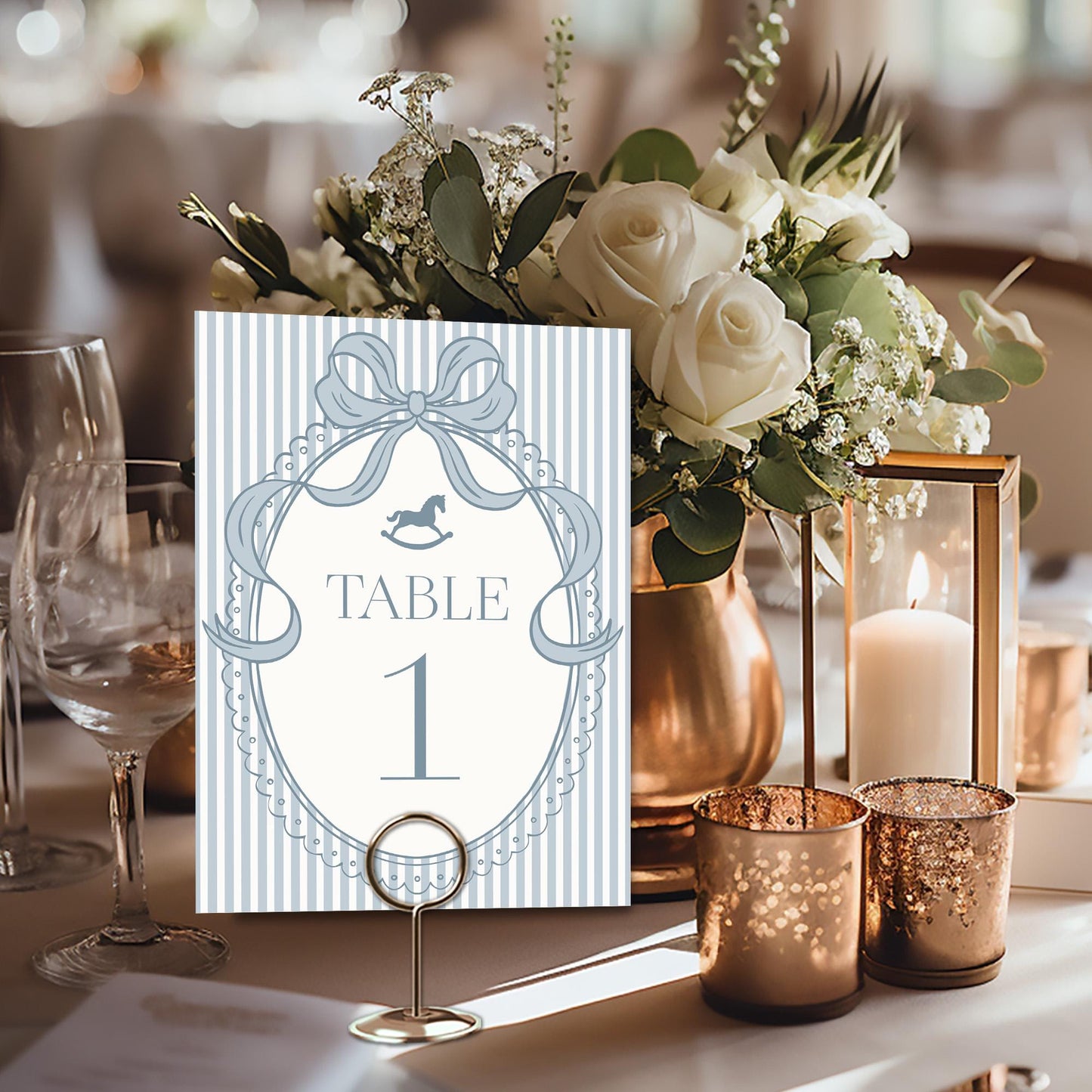 Blue Coquette Bow Rocking Horse Table Number Cards Template, Striped Preppy Baby Shower, Classic First Birthday Party WP1095