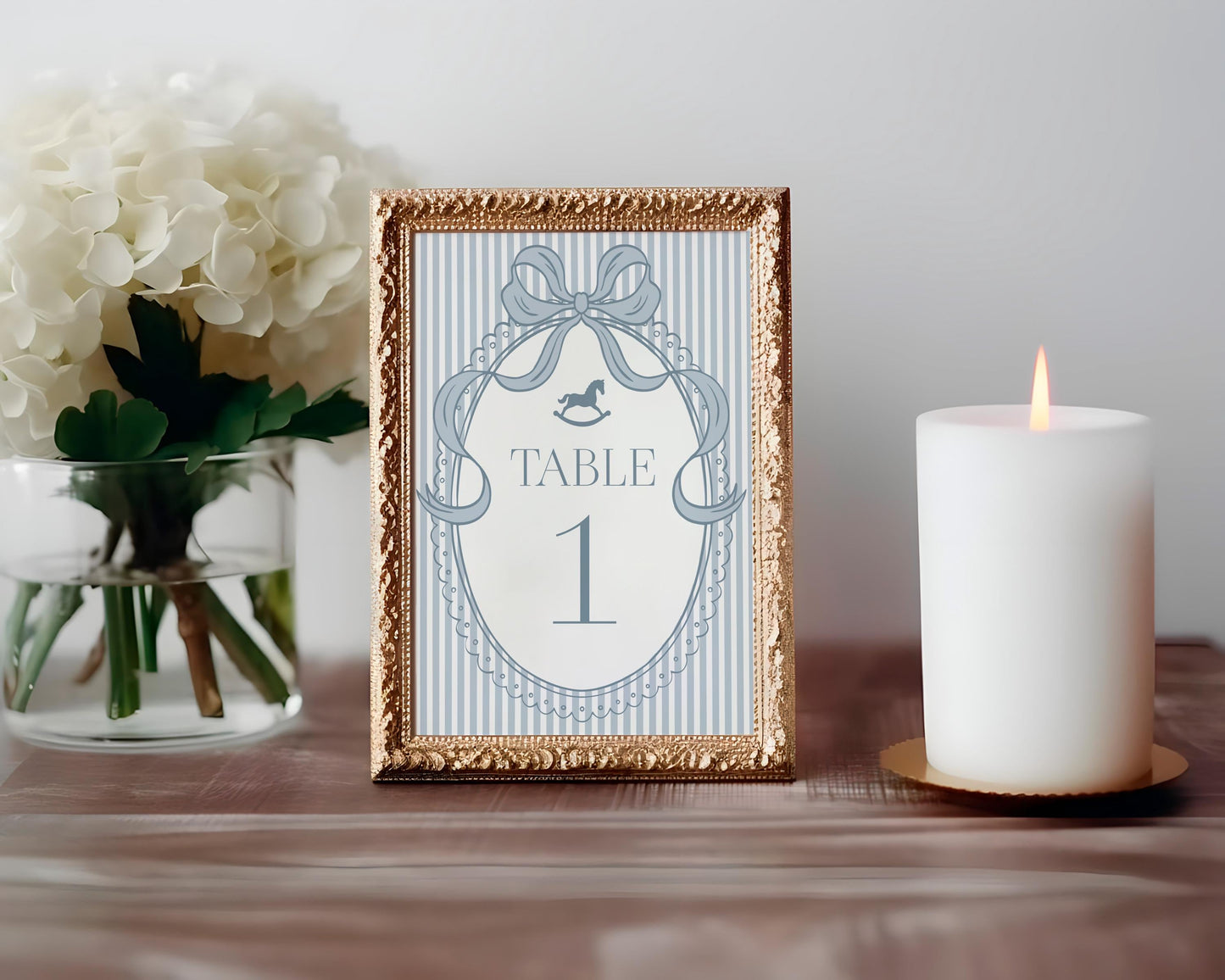 Blue Coquette Bow Rocking Horse Table Number Cards Template, Striped Preppy Baby Shower, Classic First Birthday Party WP1095