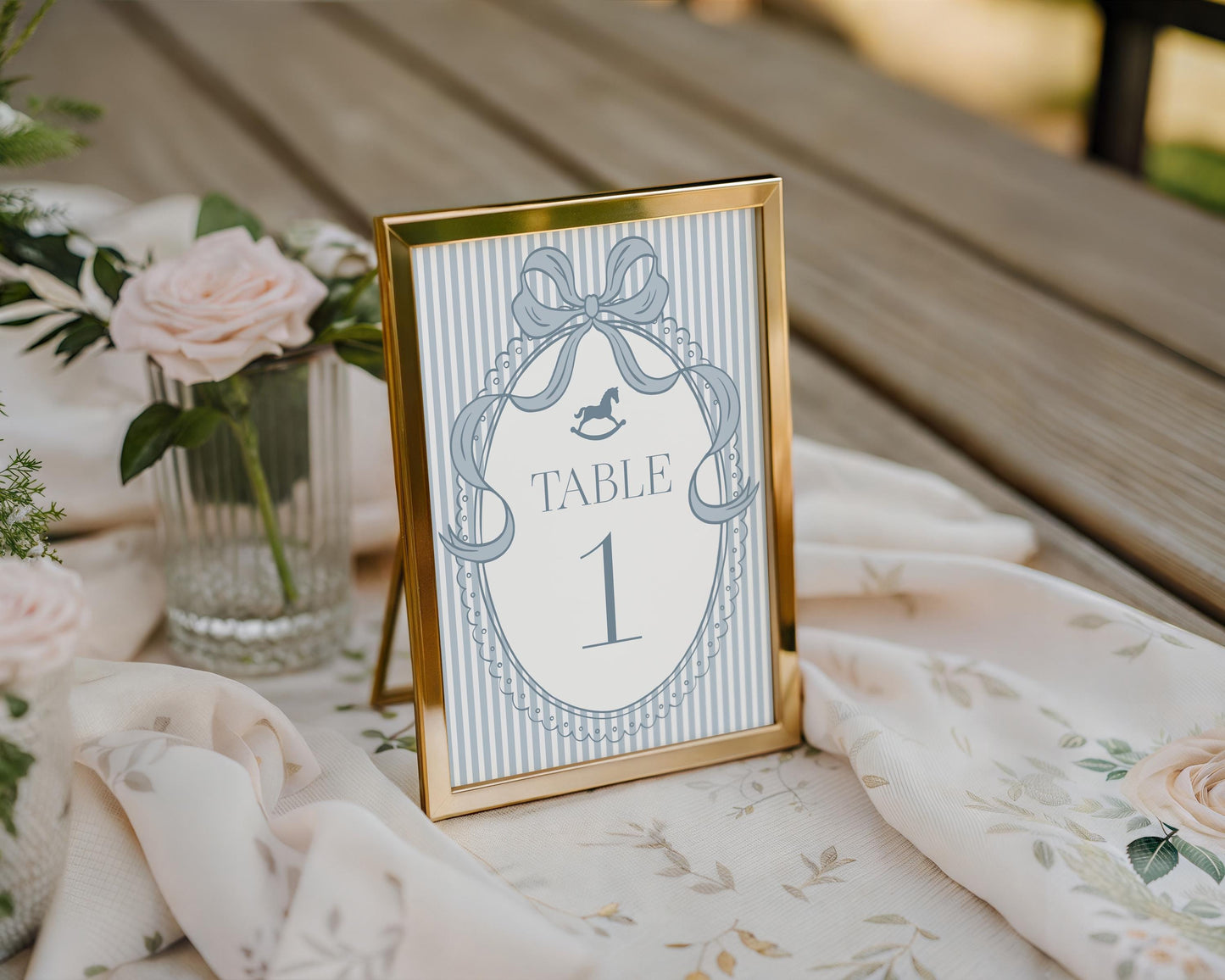 Blue Coquette Bow Rocking Horse Table Number Cards Template, Striped Preppy Baby Shower, Classic First Birthday Party WP1095