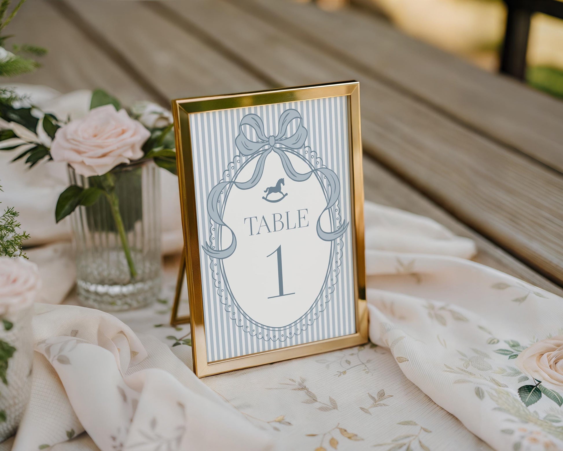 Blue Coquette Bow Rocking Horse Table Number Cards Template, Striped Preppy Baby Shower, Classic First Birthday Party WP1095