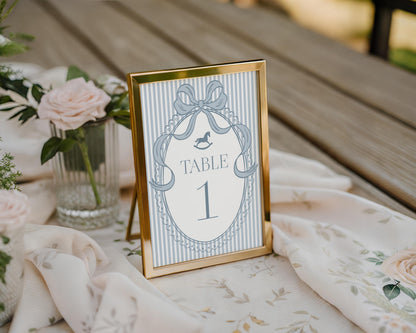 Blue Coquette Bow Rocking Horse Table Number Cards Template, Striped Preppy Baby Shower, Classic First Birthday Party WP1095