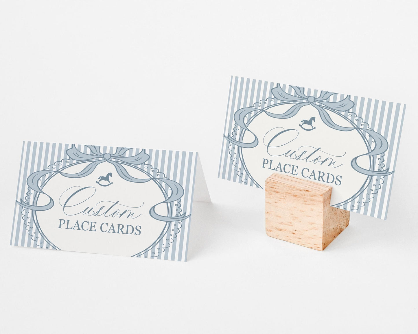 Blue Coquette Bow Rocking Horse Place Cards Template, Striped Preppy Baby Shower, Classic First Birthday Party WP1095