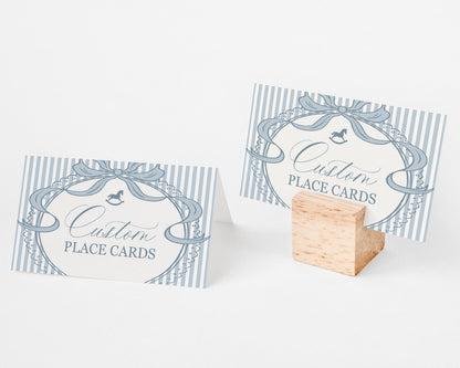 Blue Coquette Bow Rocking Horse Place Cards Template, Striped Preppy Baby Shower, Classic First Birthday Party WP1095