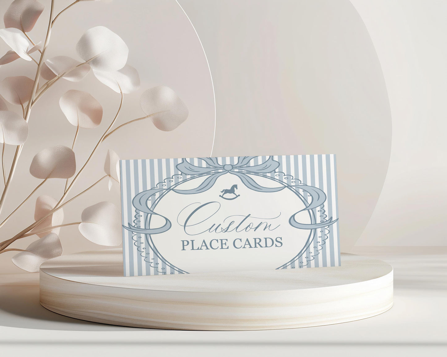 Blue Coquette Bow Rocking Horse Place Cards Template, Striped Preppy Baby Shower, Classic First Birthday Party WP1095