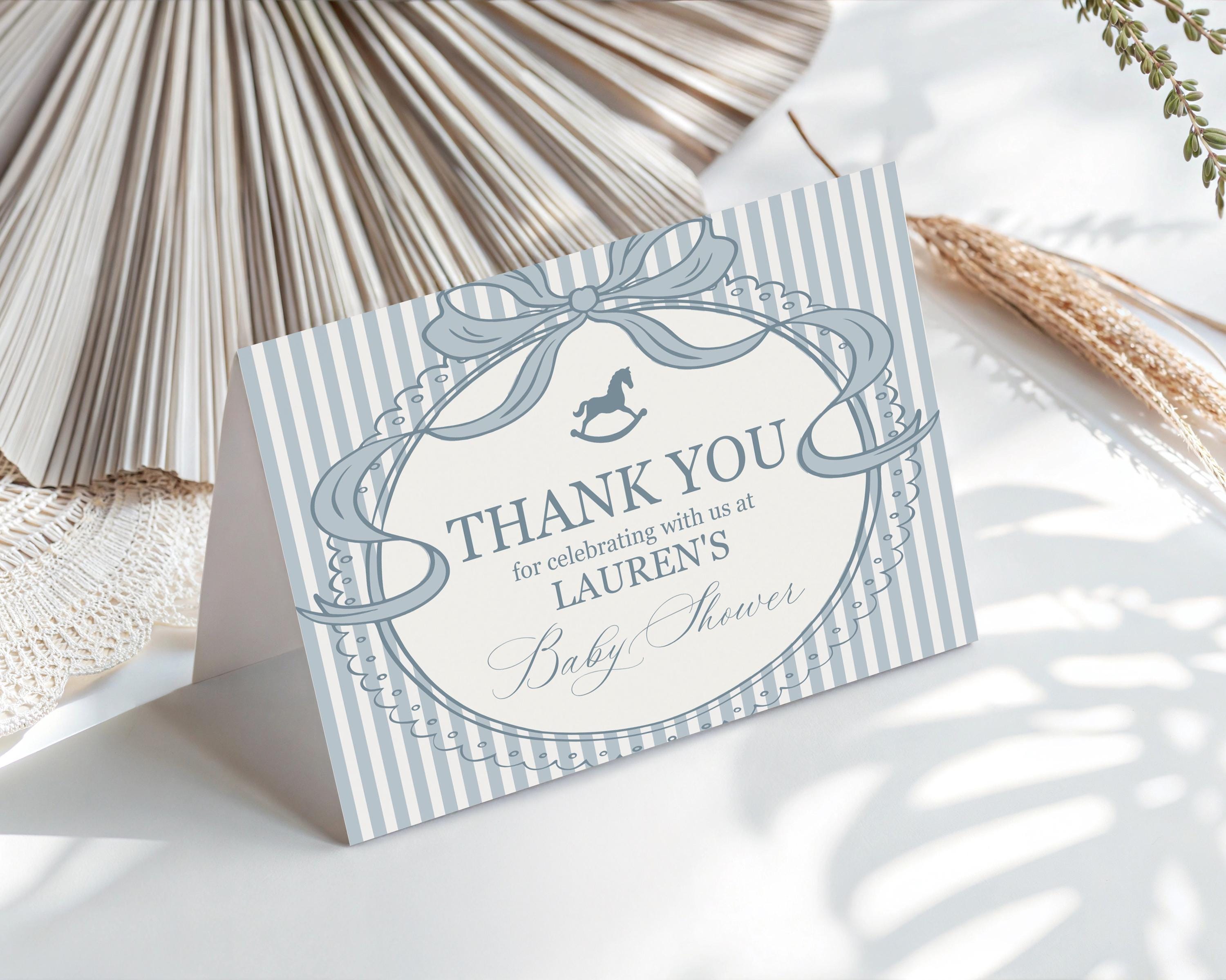 Blue Coquette Bow Rocking Horse Thank You Card Template, Striped Preppy Baby Shower, Classic First Birthday Party WP1095