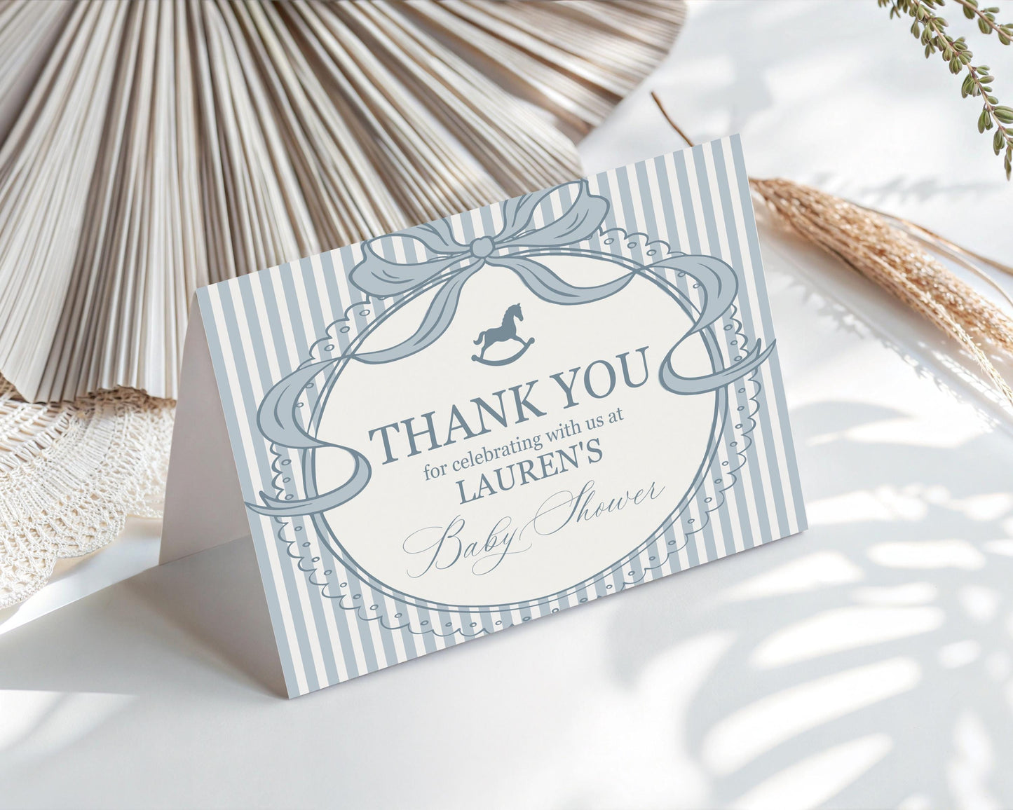 Blue Coquette Bow Rocking Horse Thank You Card Template, Striped Preppy Baby Shower, Classic First Birthday Party WP1095