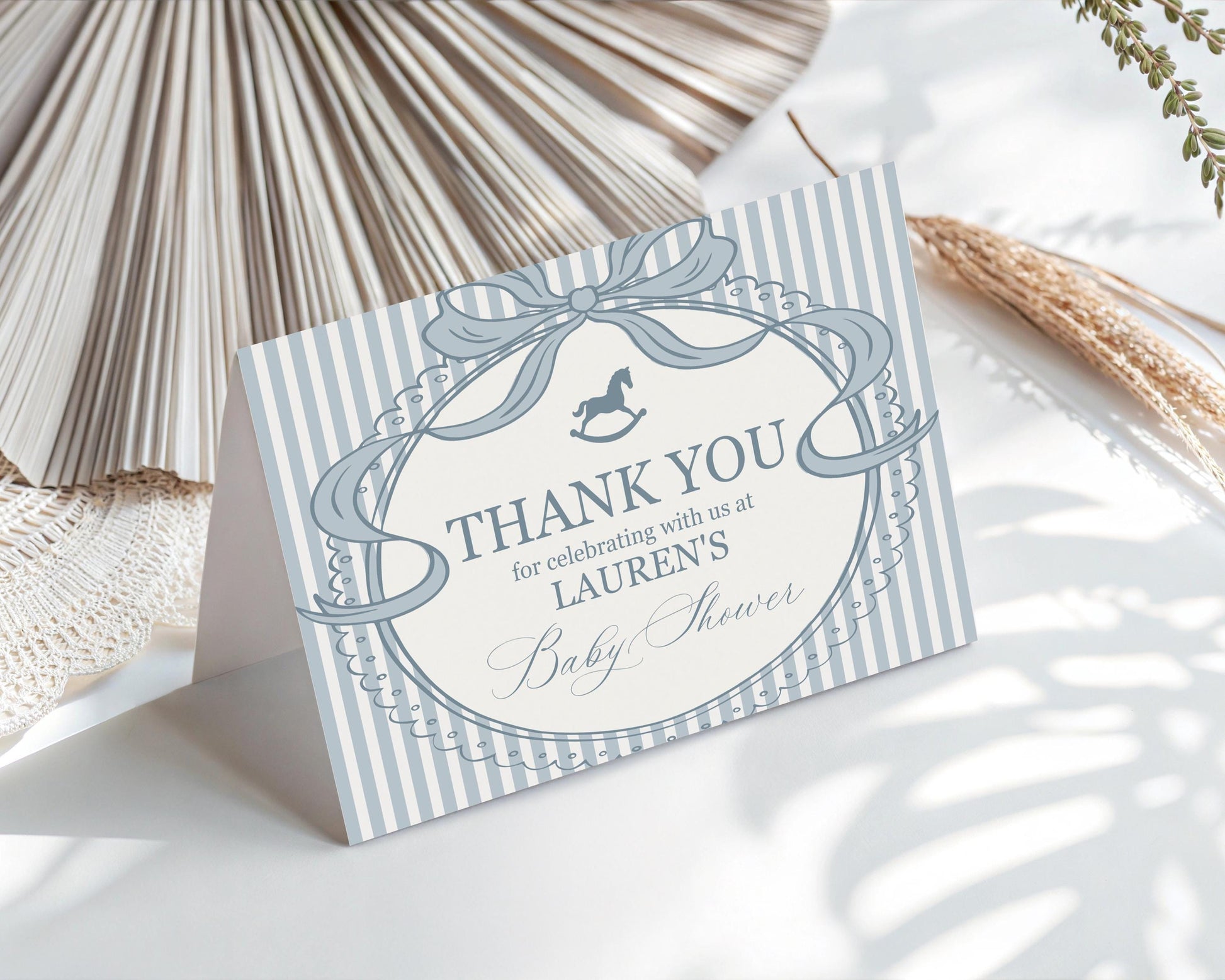 Blue Coquette Bow Rocking Horse Thank You Card Template, Striped Preppy Baby Shower, Classic First Birthday Party WP1095
