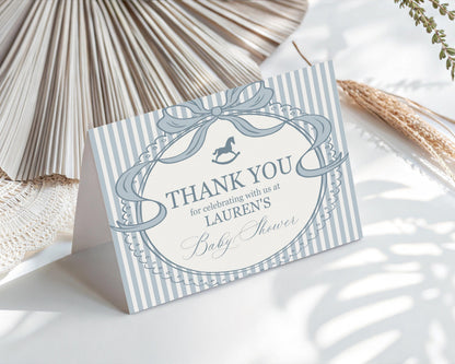 Blue Coquette Bow Rocking Horse Thank You Card Template, Striped Preppy Baby Shower, Classic First Birthday Party WP1095
