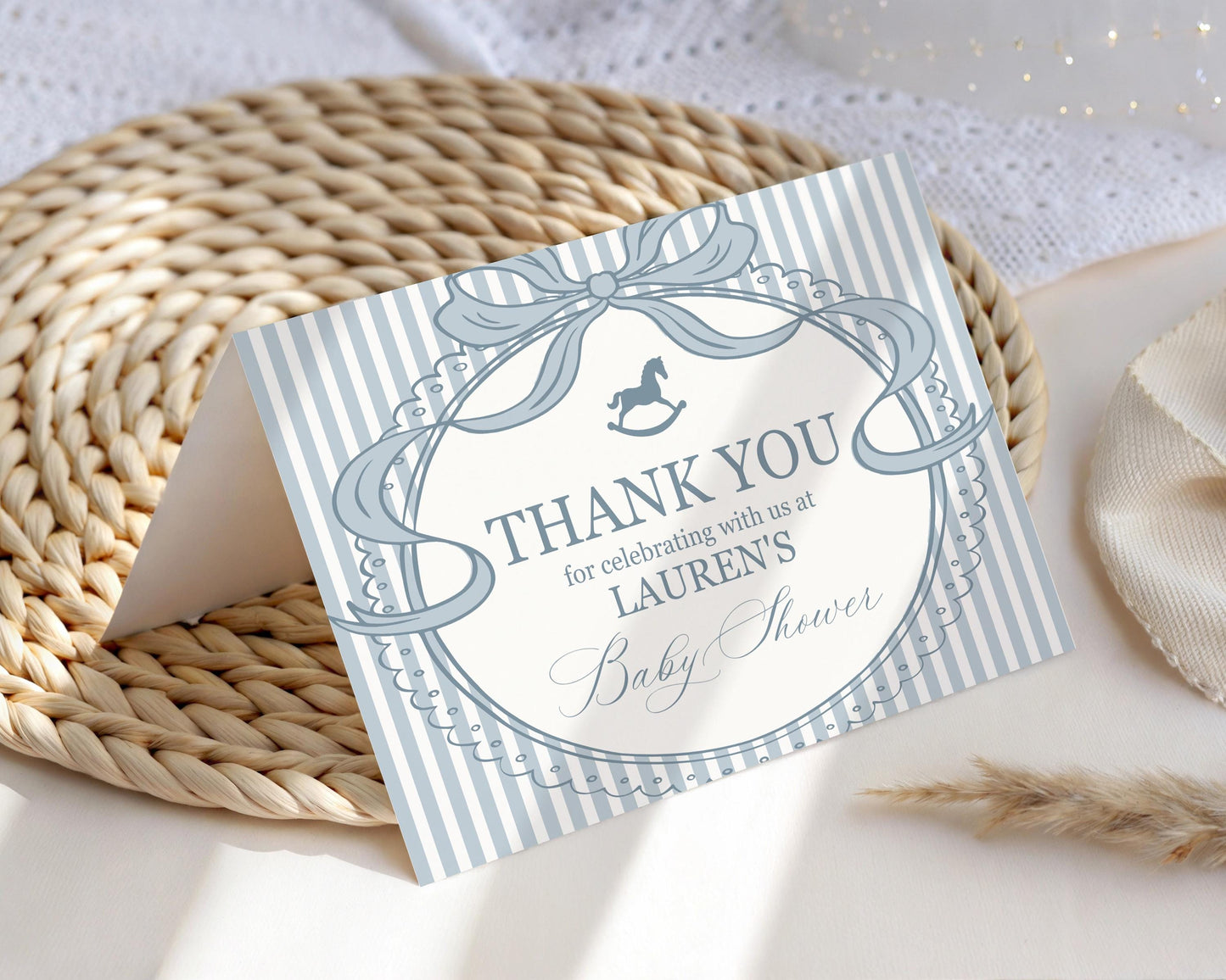 Blue Coquette Bow Rocking Horse Thank You Card Template, Striped Preppy Baby Shower, Classic First Birthday Party WP1095