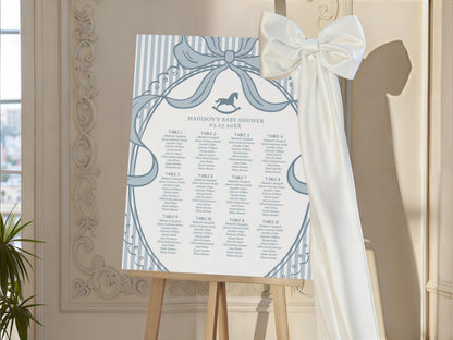Blue Coquette Bow Rocking Horse Seating Chart Poster Template, Striped Preppy Baby Shower, Classic First Birthday Party WP1095
