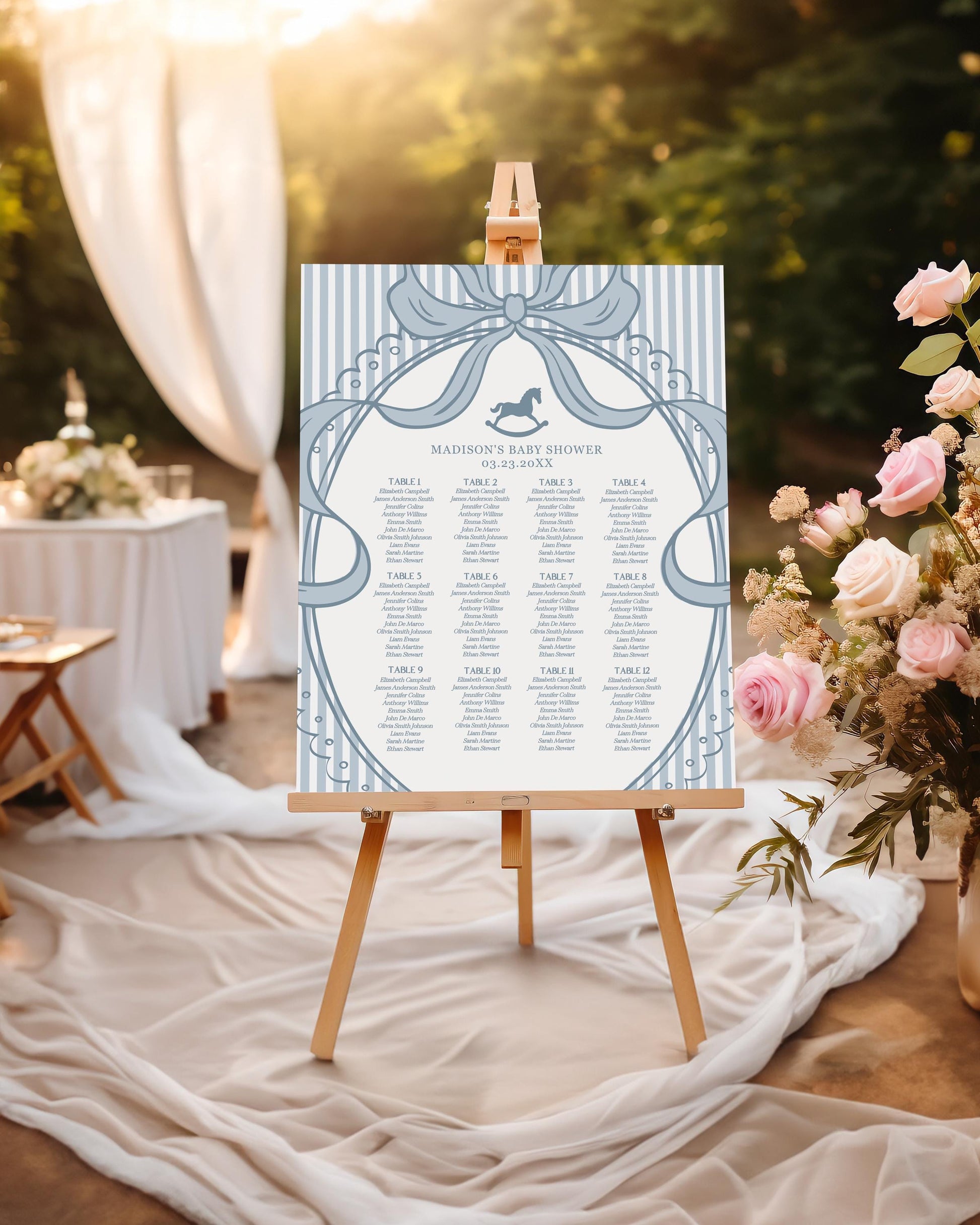 Blue Coquette Bow Rocking Horse Seating Chart Poster Template, Striped Preppy Baby Shower, Classic First Birthday Party WP1095
