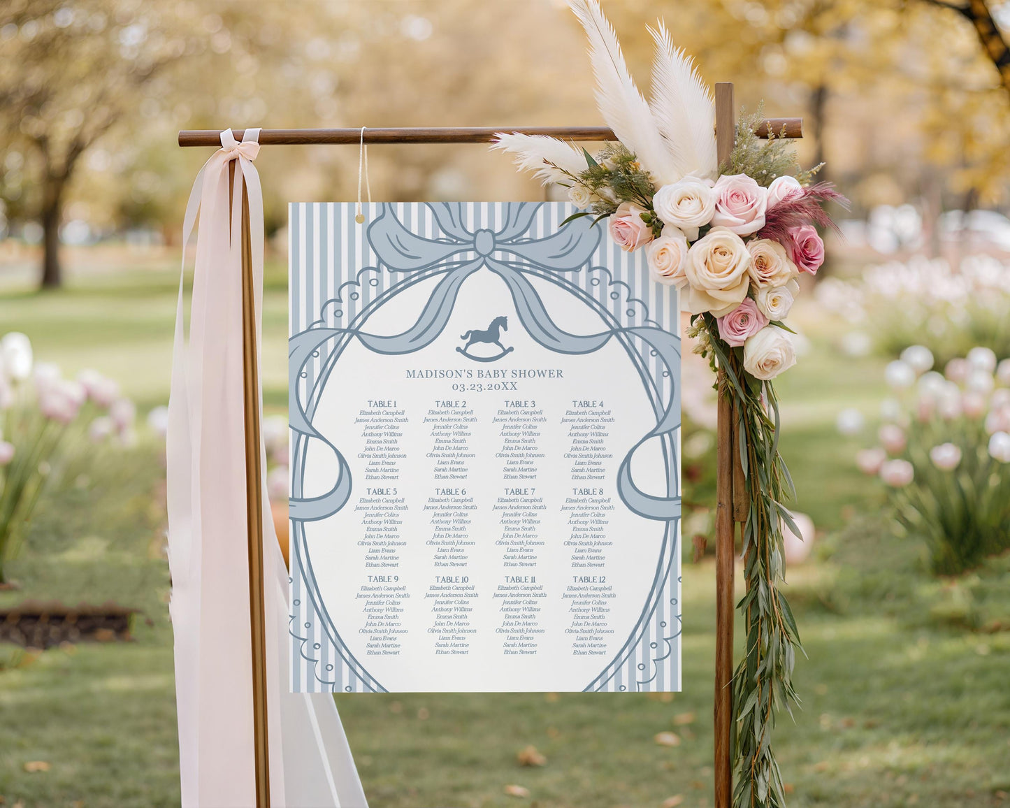 Blue Coquette Bow Rocking Horse Seating Chart Poster Template, Striped Preppy Baby Shower, Classic First Birthday Party WP1095