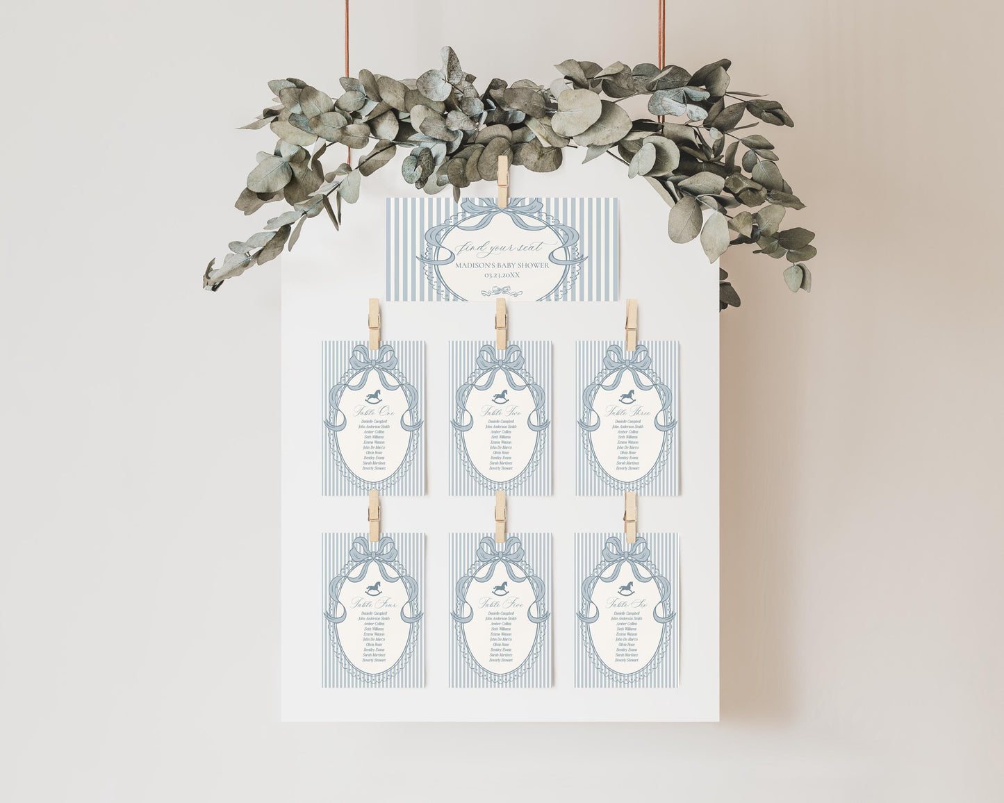 Blue Coquette Bow Rocking Horse Seating Chart Poster Template, Striped Preppy Baby Shower, Classic First Birthday Party WP1095