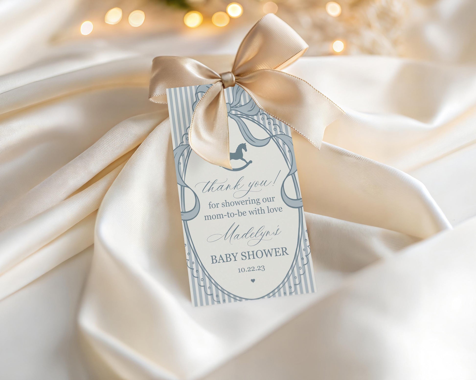 Blue Coquette Bow Rocking Horse Baby Shower Favor Tags Template, Striped Preppy Baby Sprinkle, Heirloom Inspired Brunch with Mom WP1095