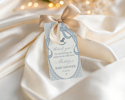 Blue Coquette Bow Rocking Horse Baby Shower Favor Tags Template, Striped Preppy Baby Sprinkle, Heirloom Inspired Brunch with Mom WP1095