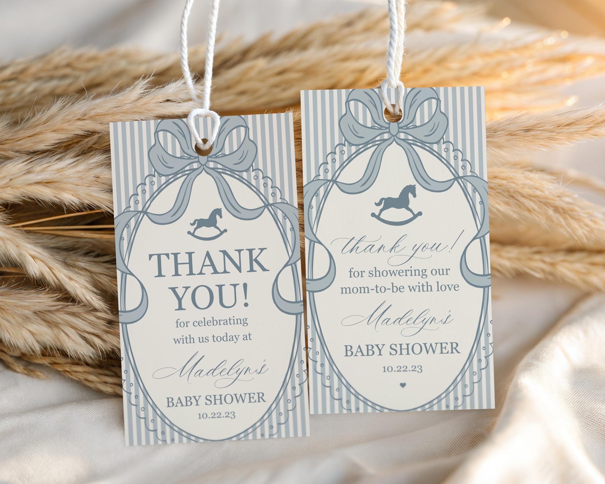 Blue Coquette Bow Rocking Horse Baby Shower Favor Tags Template, Striped Preppy Baby Sprinkle, Heirloom Inspired Brunch with Mom WP1095